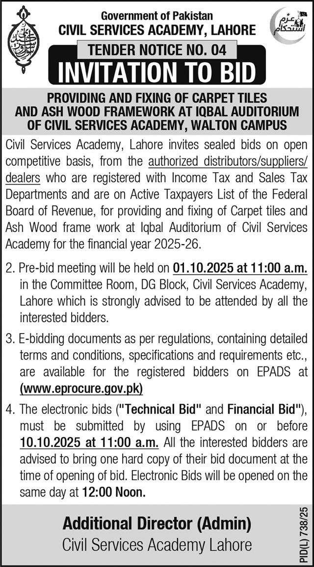 Civil Services Academy Lahore Tender Notice